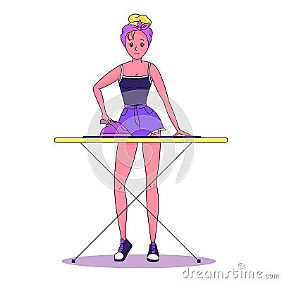 Woman irons clothes on ironing board Vector Illustration